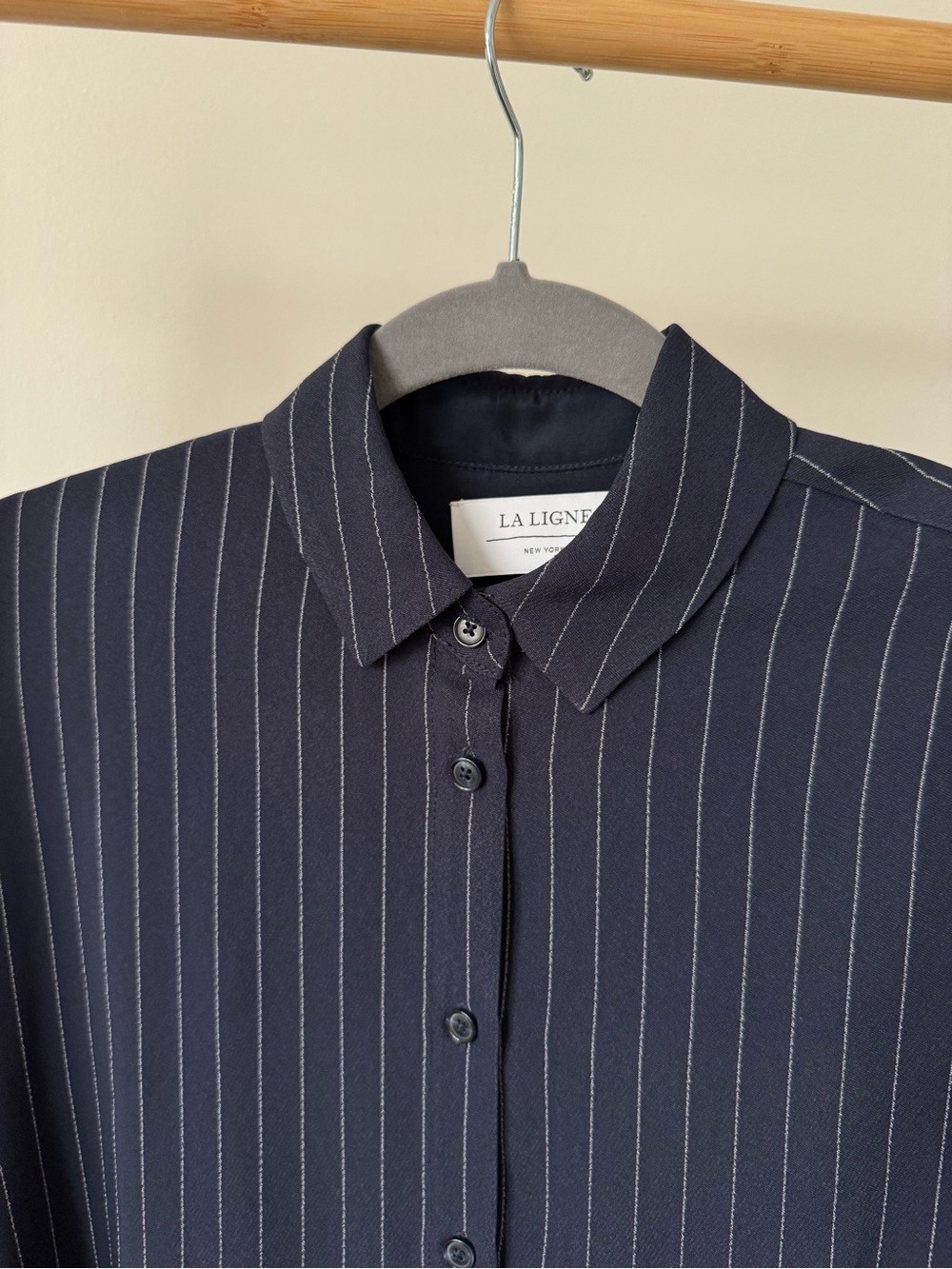 La Ligne Navy Pinstripe Opened Back Shirt, Size XS - Picture 6 of 11